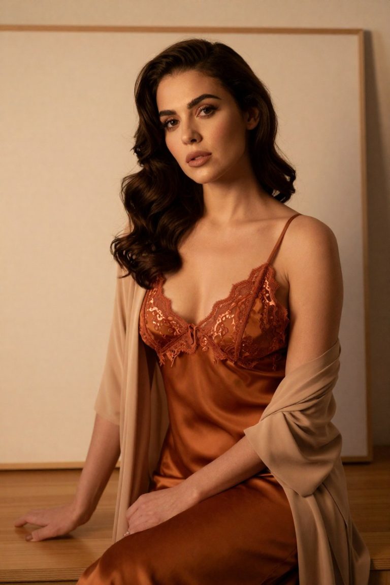AiPronSites muse in an amber silk slip dress with terracotta lace at the signboard desk